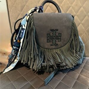 Tory Burch Harper Fringe Mini Backpack with Scarf Accent, navy blue, vguc
